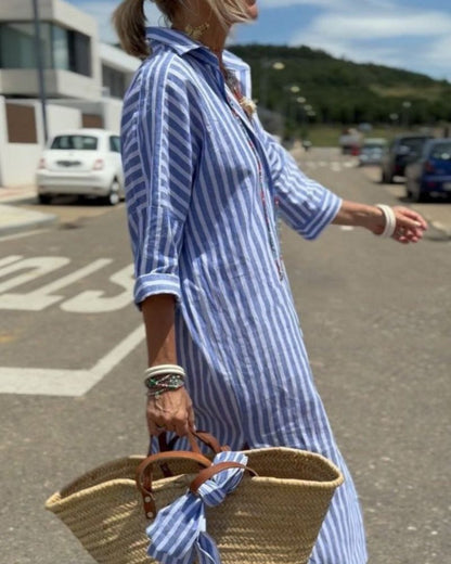 Coby™ | Vestido Camisa de Lino a Rayas Clásico