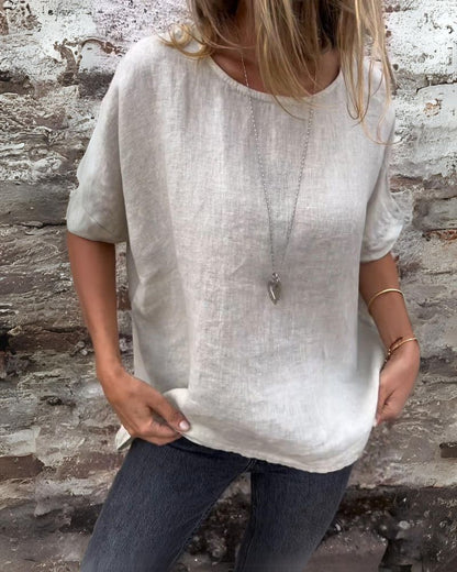 BAUA - Camiseta de Algodón y Lino con Cuello Redondo