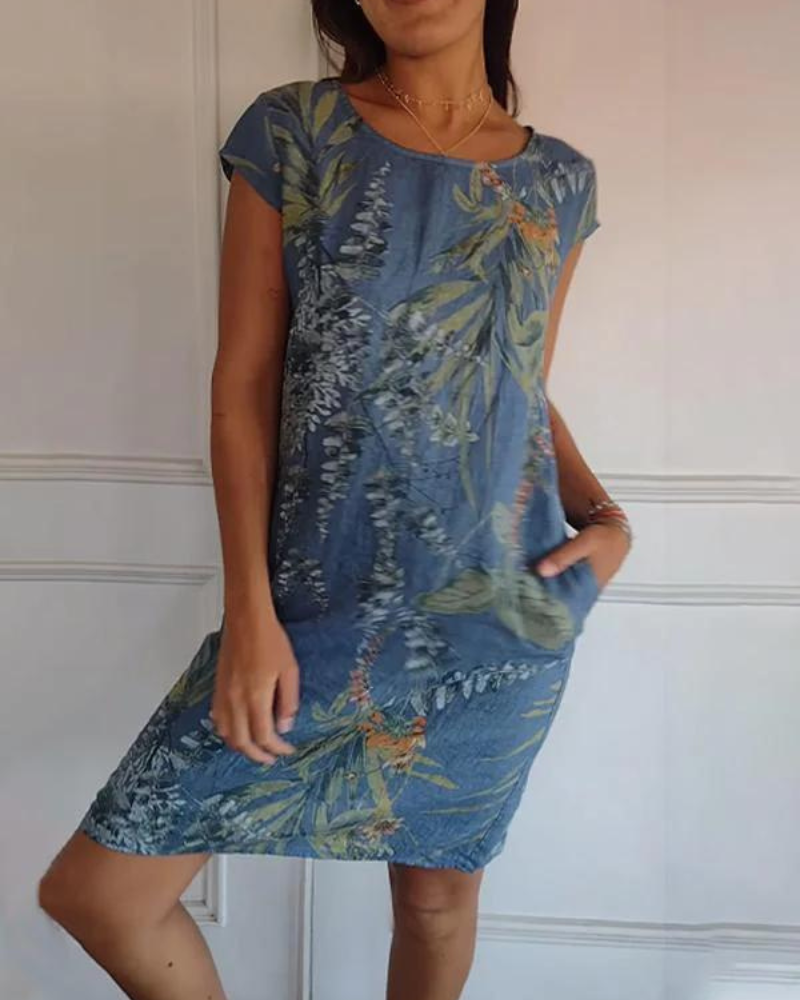 JOANA - VESTIDO IMPRESO DE CUELLO REDONDO DE ALGODÓN Y LINO