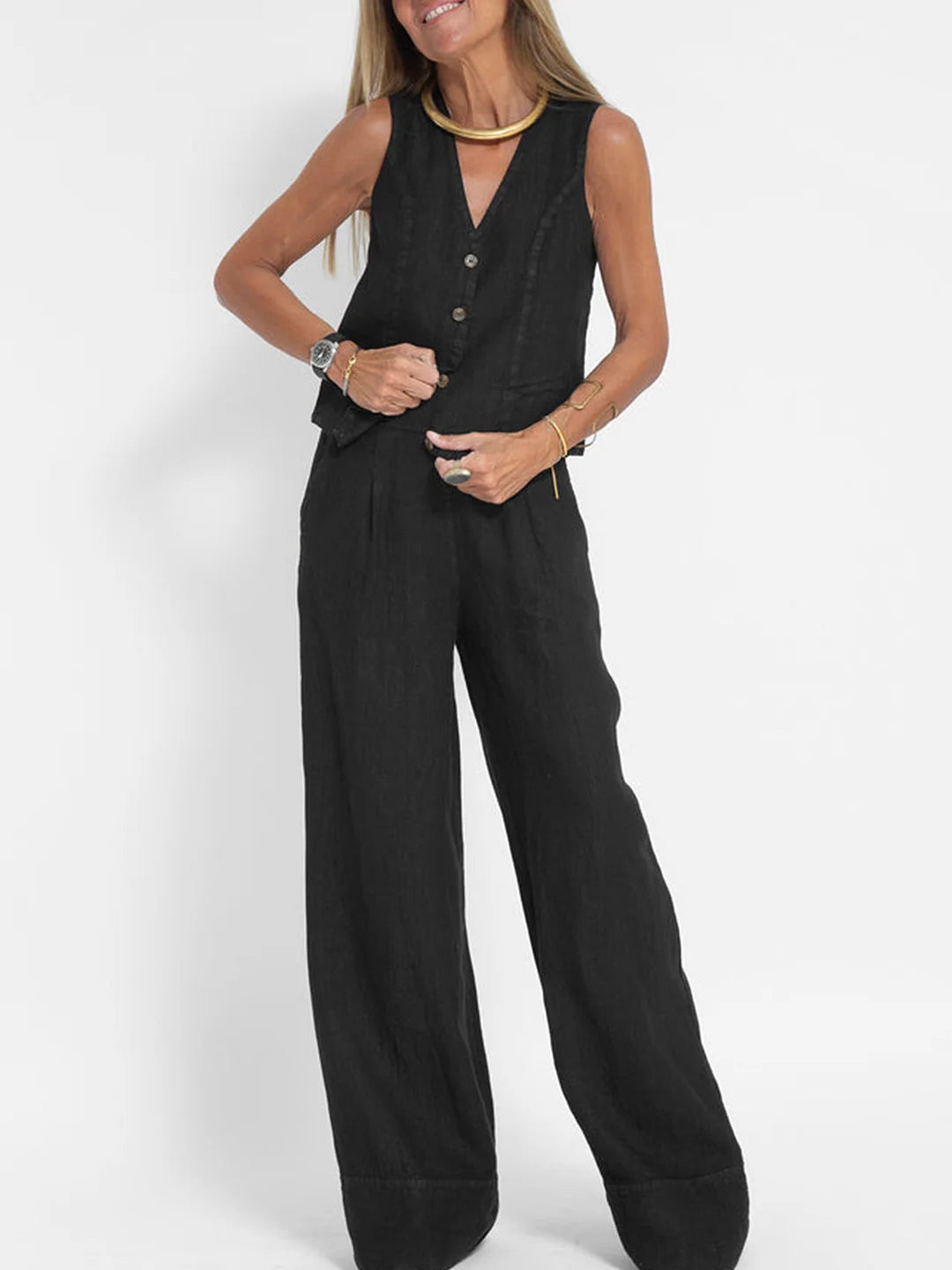 Jessica - Conjunto Chaleco Con Botones & Pantalones De Pierna Ancha