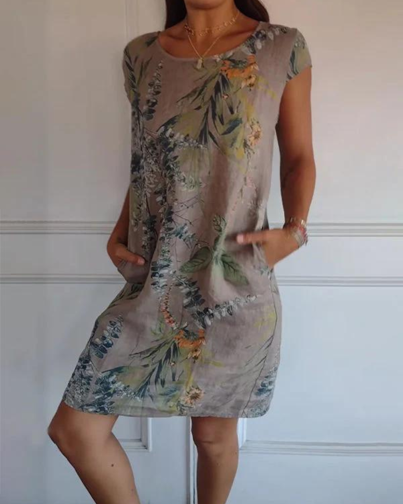 JOANA - VESTIDO IMPRESO DE CUELLO REDONDO DE ALGODÓN Y LINO