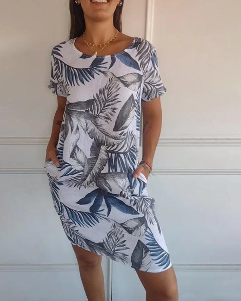 JOANA - VESTIDO IMPRESO DE ALGODÓN Y LINO CON CUELLO REDONDO