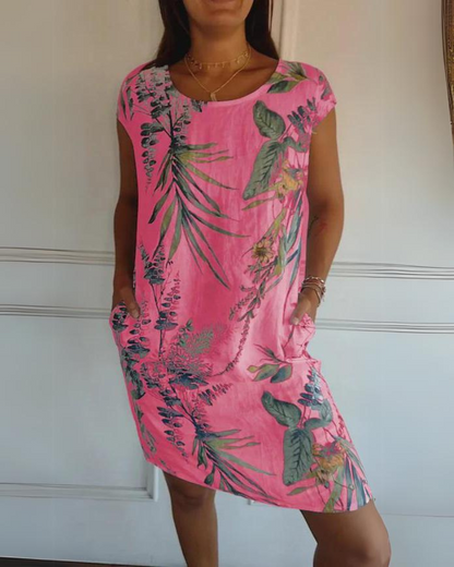 JOANA - VESTIDO IMPRESO DE CUELLO REDONDO DE ALGODÓN Y LINO