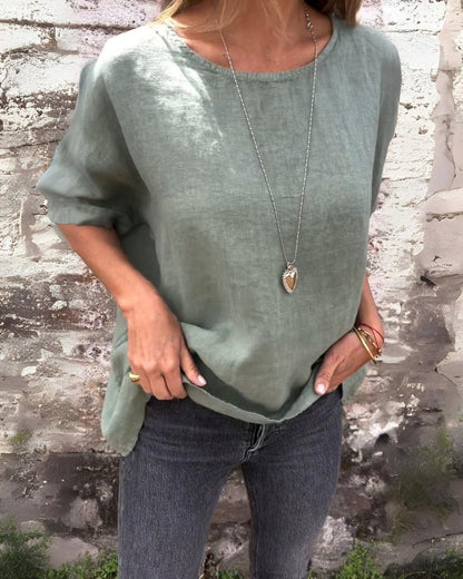 Dahlia - Camiseta Casual de Algodón y Lino con Cuello Redondo