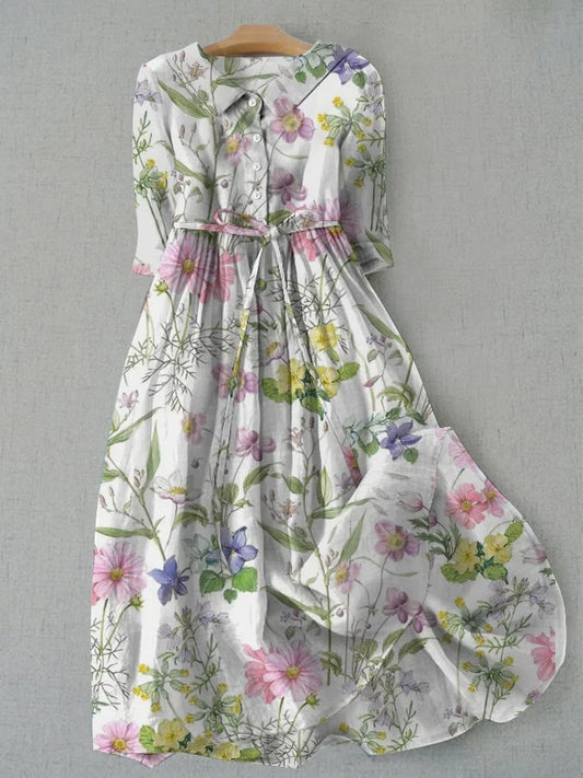 Dahlia - Vestido Floral de Cintura Ajustable en Línea A de Verano