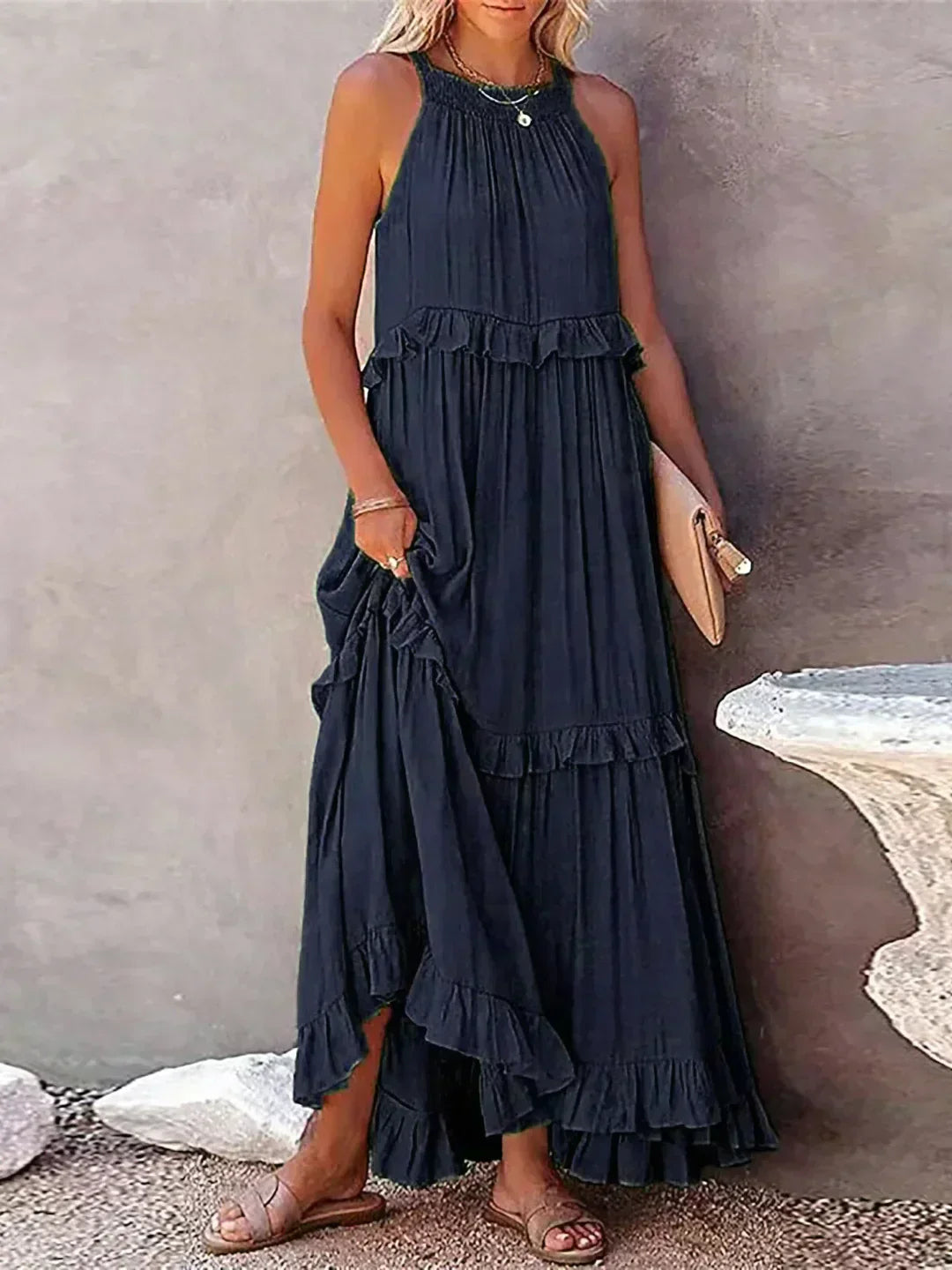 Ilona - Vestido Halter con Volantes y Bolsillos Maxi