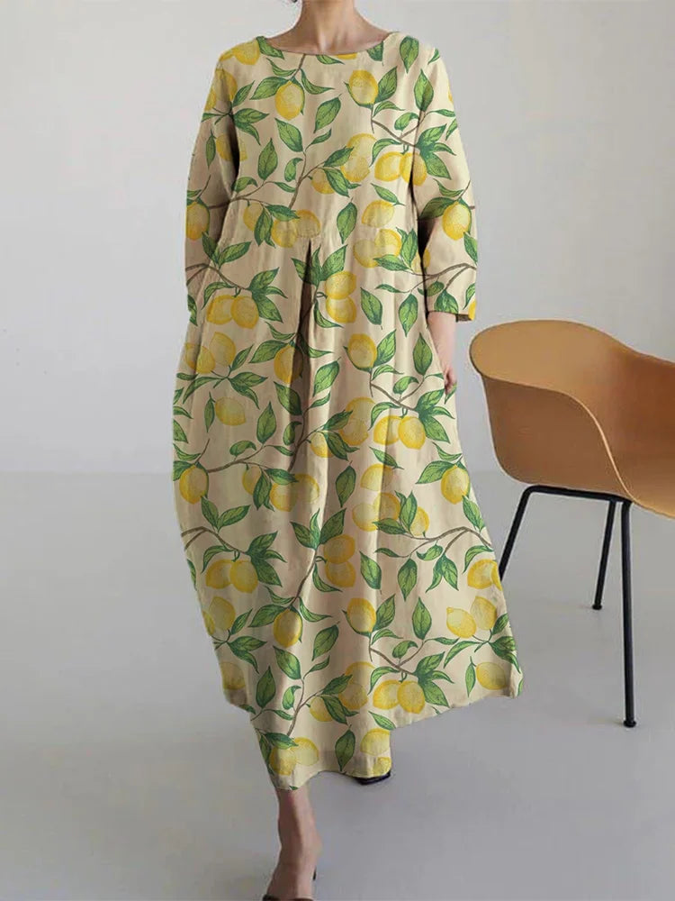 Basil - Vestido Midi Suelto con Estampado de Limón de Moda