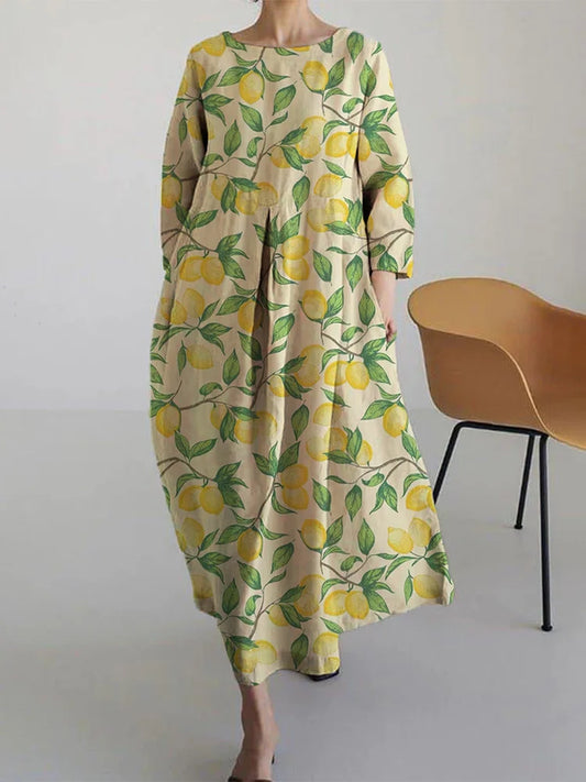 Basil - Vestido Midi Suelto con Estampado de Limón de Moda