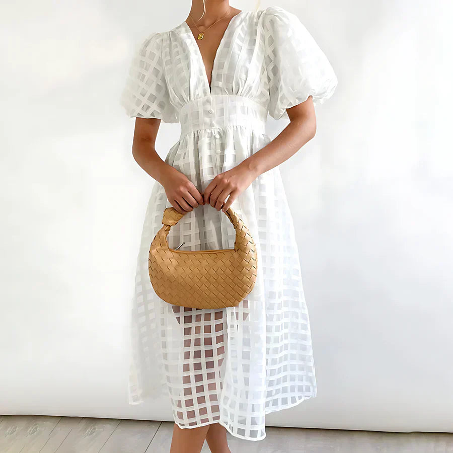Caelis | Vestido Midi con Mangas Abullonadas de Patrón Clásico