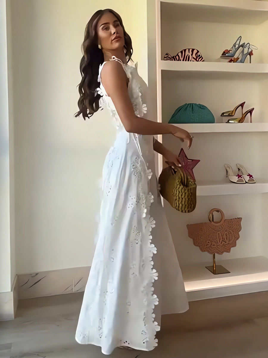 Éliora – Vestido Maxi de Encaje Floral con Tirantes Ajustables