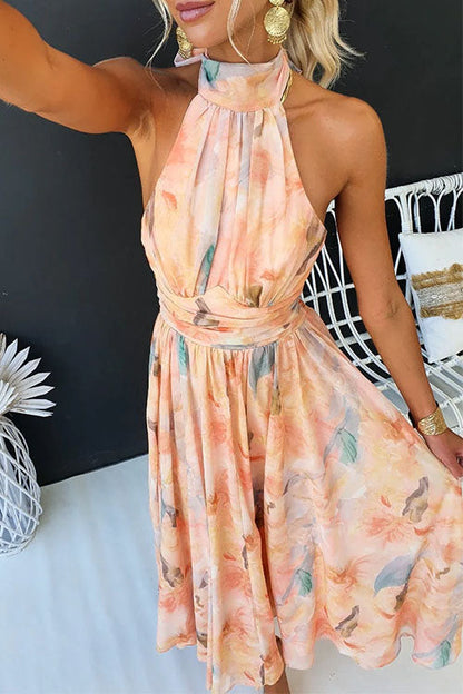 Vestido Maxi de Tirantes con Espalda Abierta y Estampado Acuarela