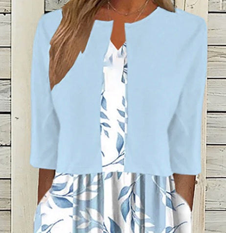 Vestido Midi Único con Estampado de Plantas Azules y Chaqueta