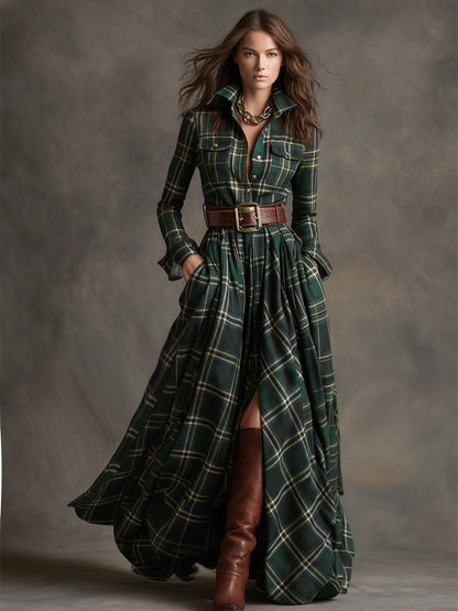 Giulia - Vestido largo de cuadros marrón rojizo con cuello y estilo étnico retro