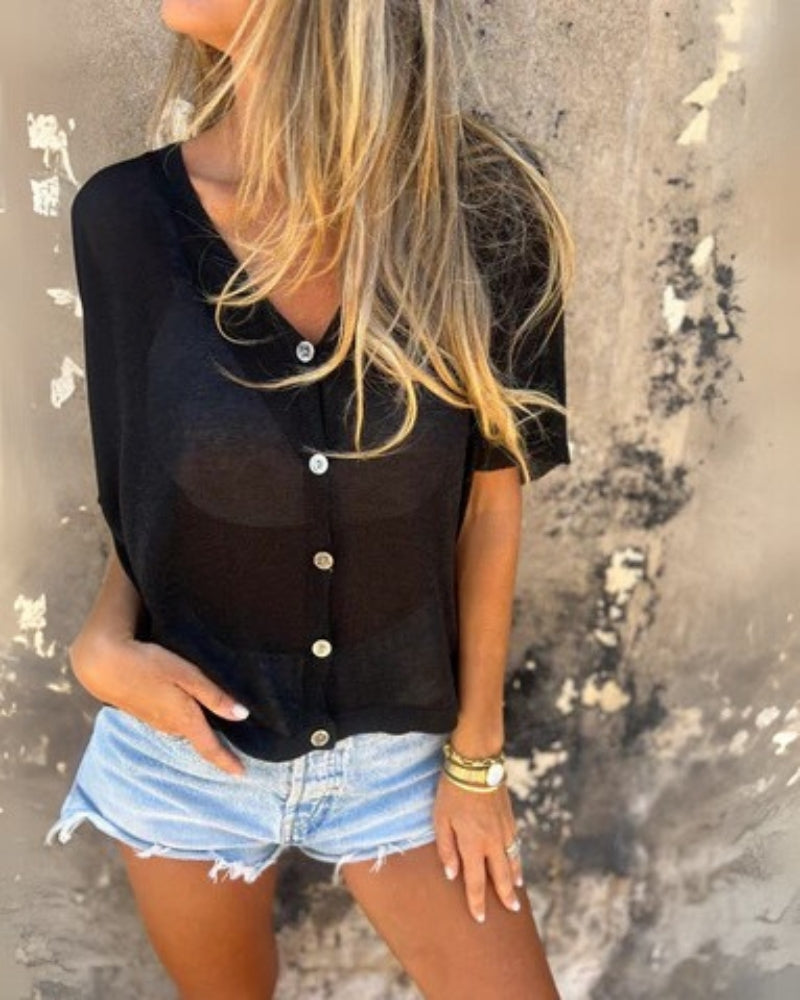 Hadley - Camisa de Manga Corta Casual con Escote en V