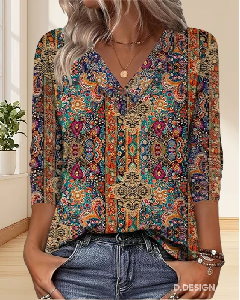 Blusa Retro Impresa con Cuello en V