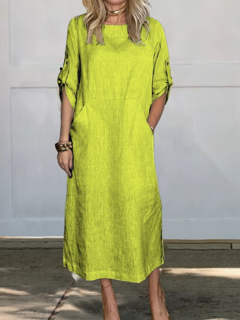 Mia™ - Vestido de Lino Liso y Cómodo con Bolsillos