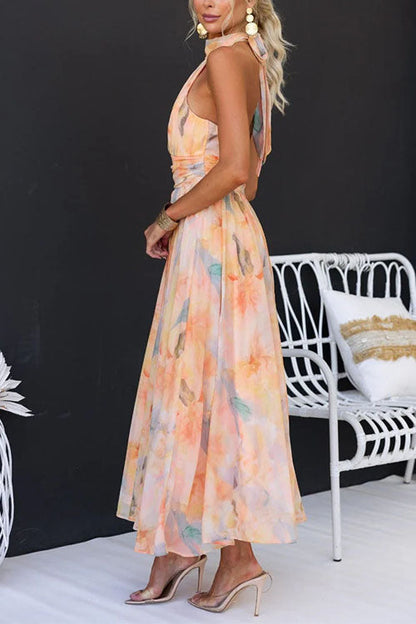 Vestido Maxi de Impresión Acuarela con Cuello Halter y Espalda Descubierta