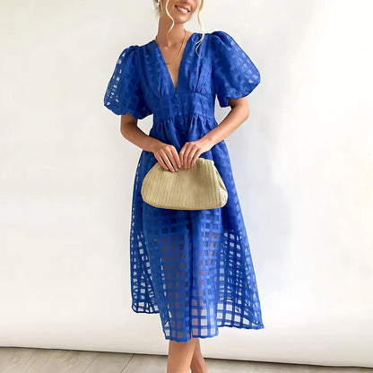 Caelis | Vestido Midi con Mangas Abullonadas de Patrón Clásico