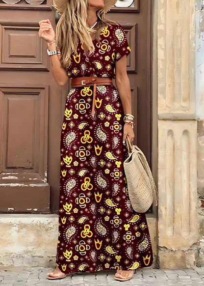Briony – Vestido Largo Elegante con Estampados Paisley y Cinturón