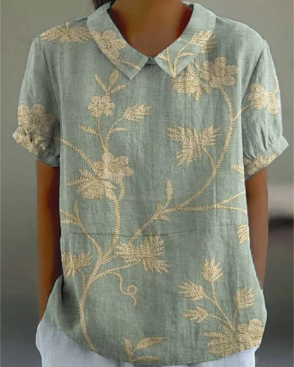 Beatrix - Camisa de Algodón-Lino con Flores Retro