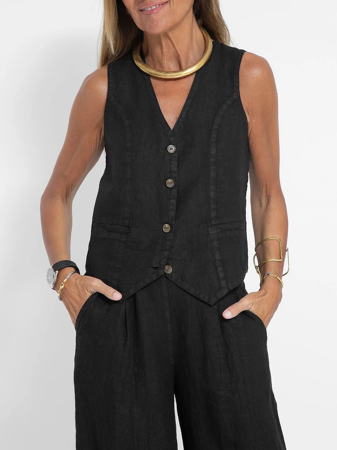 Aira - Conjunto de Chaleco Abotonado y Pantalones de Pierna Ancha
