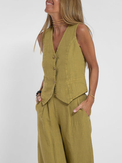 Aira - Conjunto de Chaleco Abotonado y Pantalones de Pierna Ancha