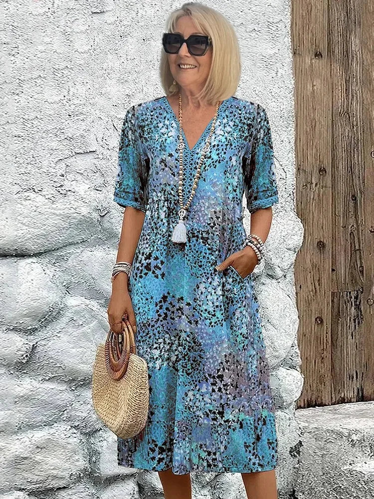 Emelith - Vestido de Verano de Encaje de Leopardo con Escote en V