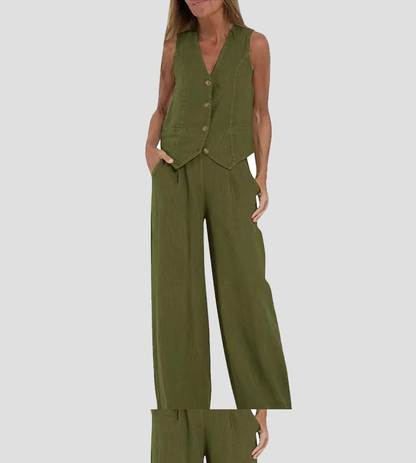 Jessica - Conjunto Chaleco Con Botones & Pantalones De Pierna Ancha