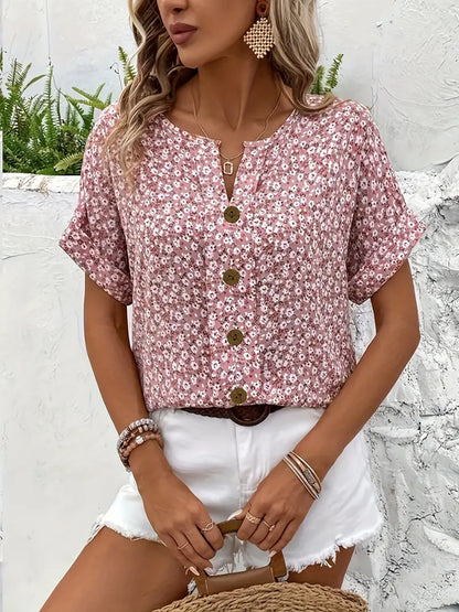 Cindy™ | Blusa de Color con Cuello Notched de Impresión Floral