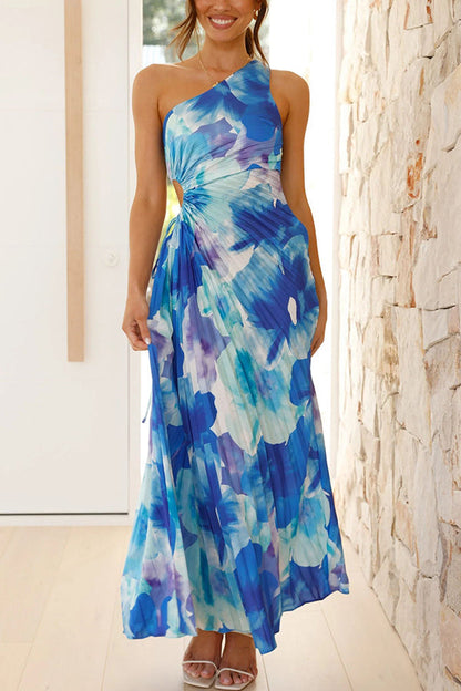 Deja - Vestido Maxi Plisado de Un Hombro con Patrón Floral