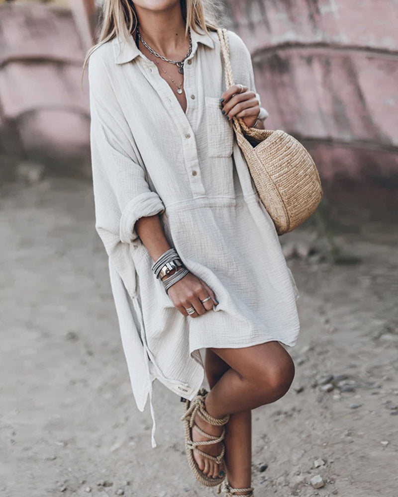 Sloane - Vestido Camisa Suelto de Mezcla de Algodón Chic