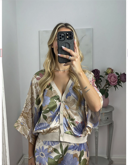 Camisa Exquisita de Satén con Estampado Floral sin Hombros