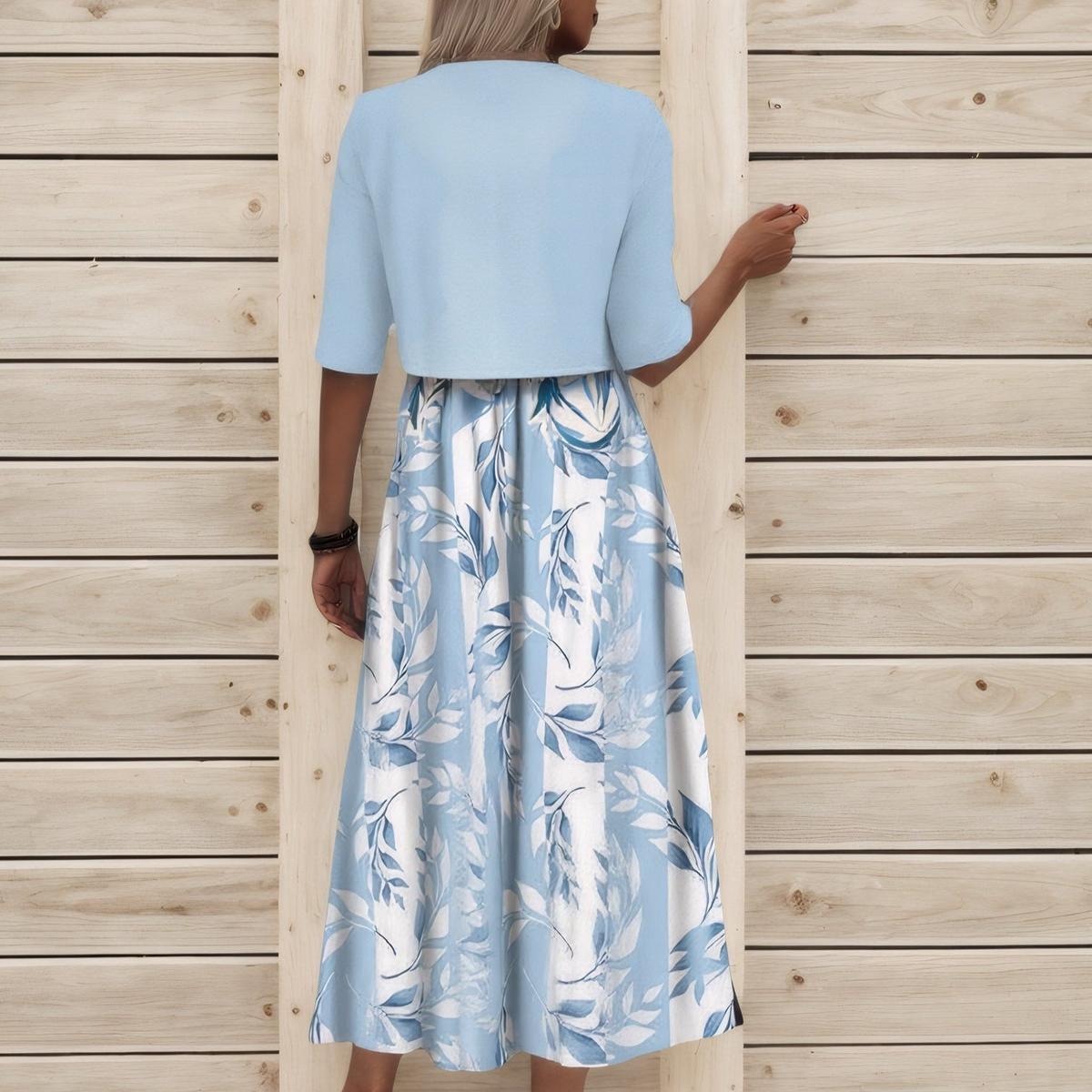 Vestido Midi Único con Estampado de Plantas en Azul y Chaqueta