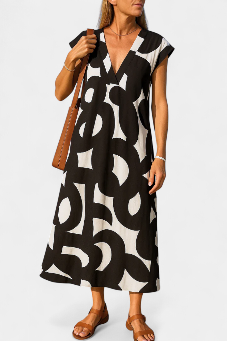 Asela Vestido Casual con Escote en V y Estampado Mixi