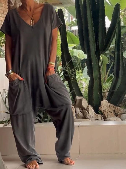 Mono Casual con Escote en V de Color Sólido