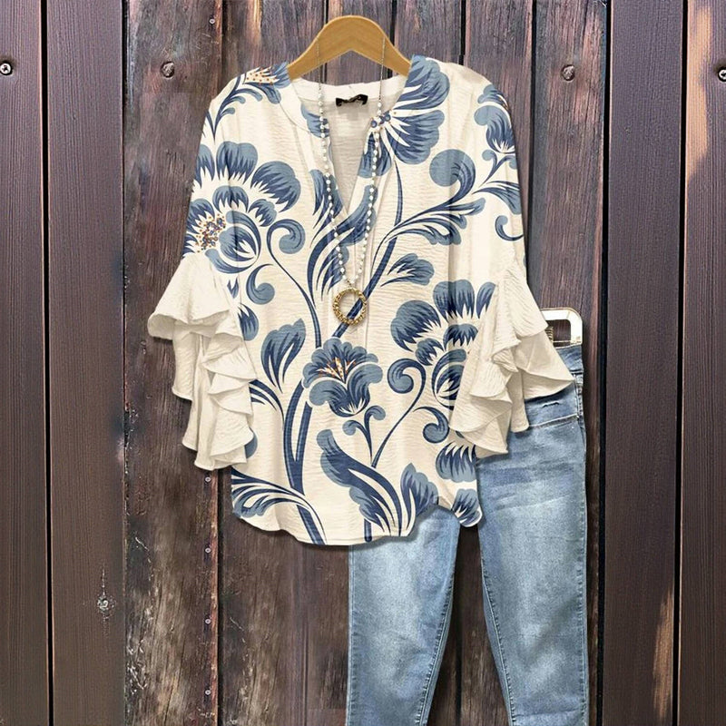 Kiona™ - BLUSA ELEGANTE CON PATRÓN FLORAL RETRO