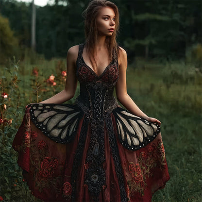 Vestido Vintage de Mariposa Mística y Rosas con Brillos, Falda Flowy Ancha