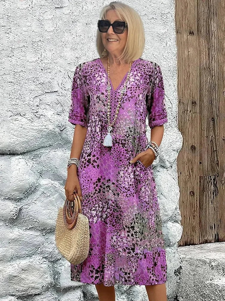 Emelith - Vestido de Verano de Encaje de Leopardo con Escote en V