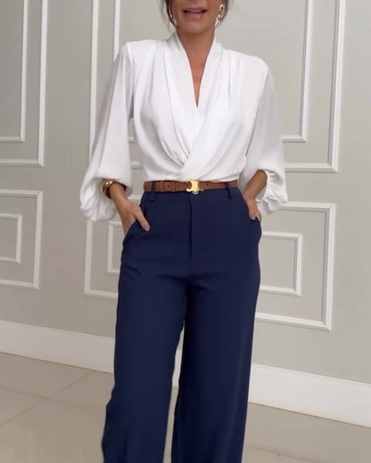 Blusa de Manga Larga con Cuello en V de Color Sólido