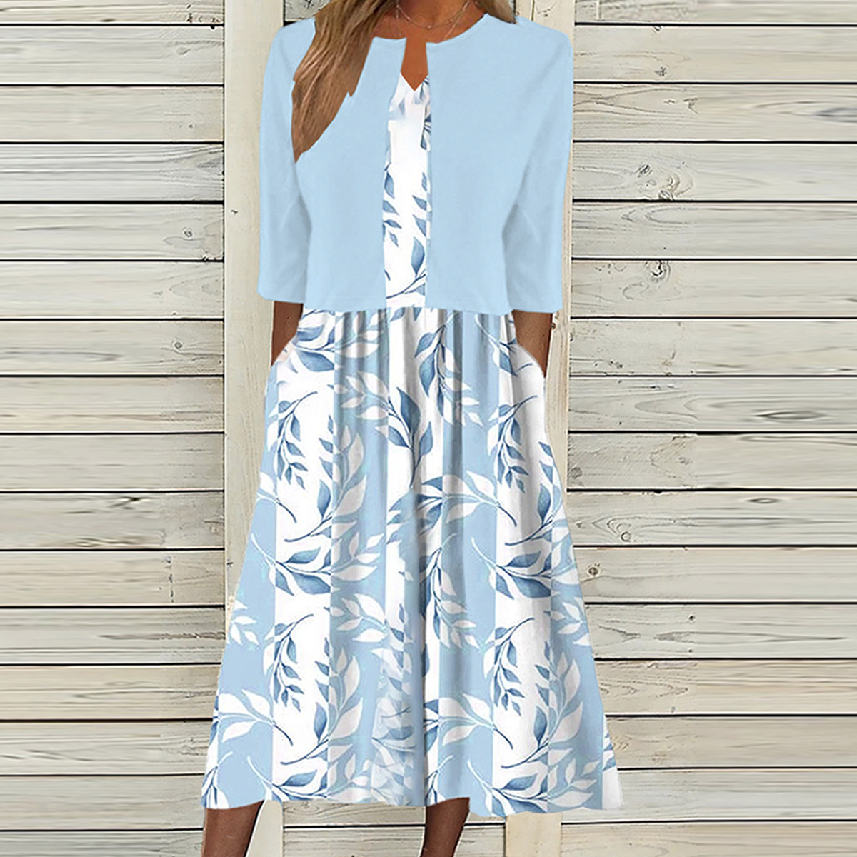 Vestido Midi Único con Estampado de Plantas Azules y Chaqueta