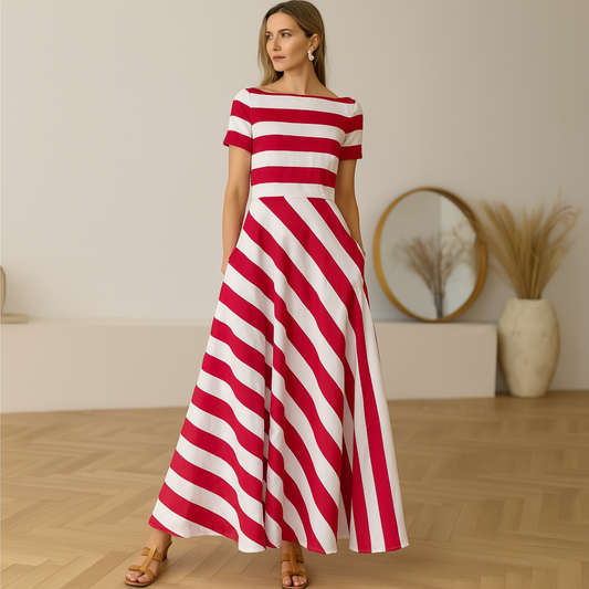 Madeline - Vestido Maxi a Rayas con Hombros Descubiertos Vonda
