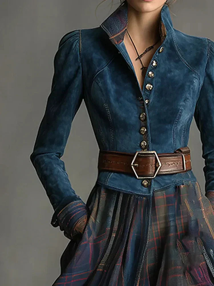 Vestido maxi de estilo retro con un patrón a cuadros azules (incluye un cinturón)