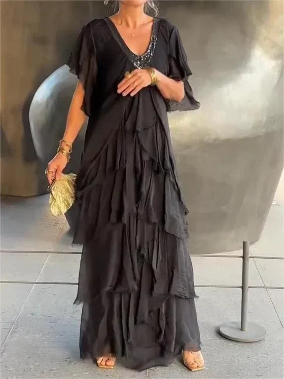Vestido Maxi Elegante Cuello en V y Mangas Fruncidas
