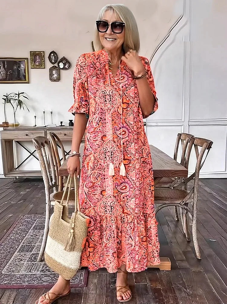 Carolette - Vestido Maxi de Cuello con Cuerda Boho