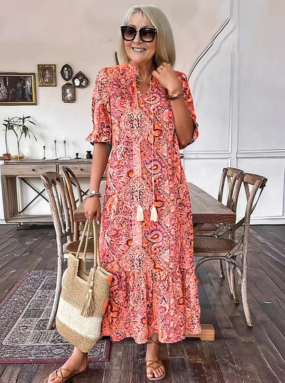 Carolette - Vestido Maxi de Cuello con Cordón Boho