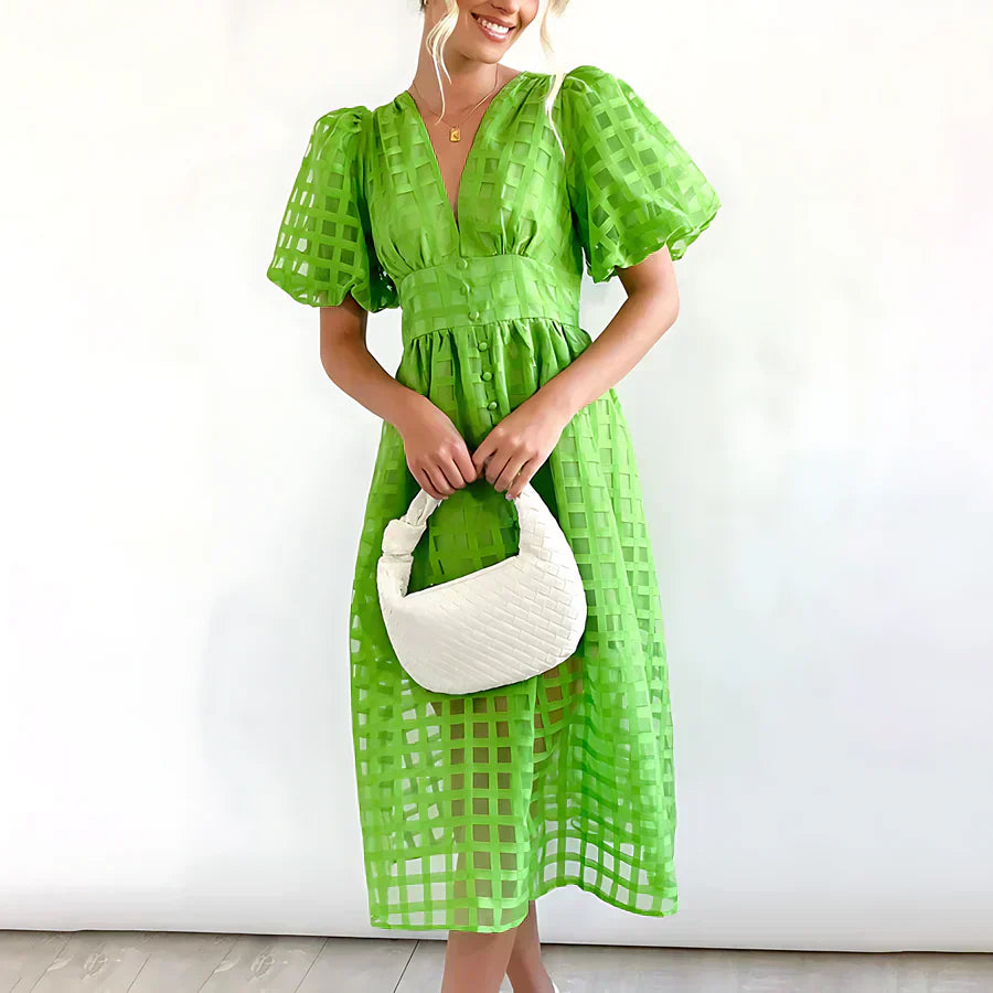 Caelis | Vestido Midi con Mangas Abullonadas de Patrón Clásico