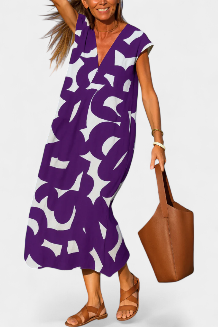 Asela Vestido Casual con Escote en V y Estampado Mixi