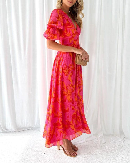 Sierra - Vestido Maxi Elegante con Escote en V y Mangas Abullonadas