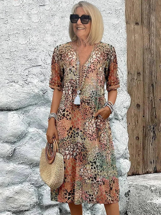 Emelith - Vestido de Verano de Encaje de Leopardo con Escote en V