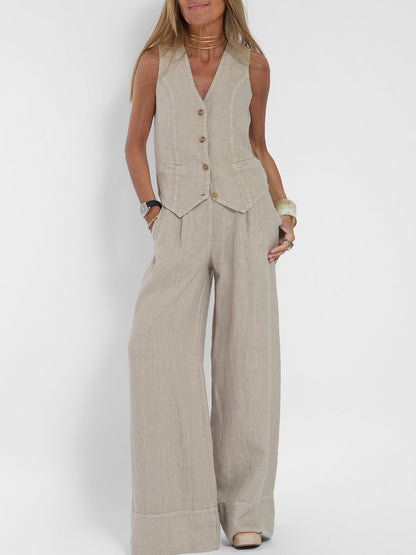 Aira - Conjunto de Chaleco Abotonado y Pantalones de Pierna Ancha